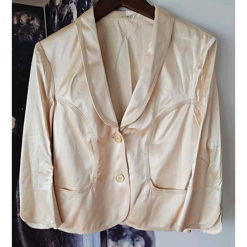 Max Studio Womens Two Button Notch Lapel Blazer Satin Silk Jacket Tan‎ Size L